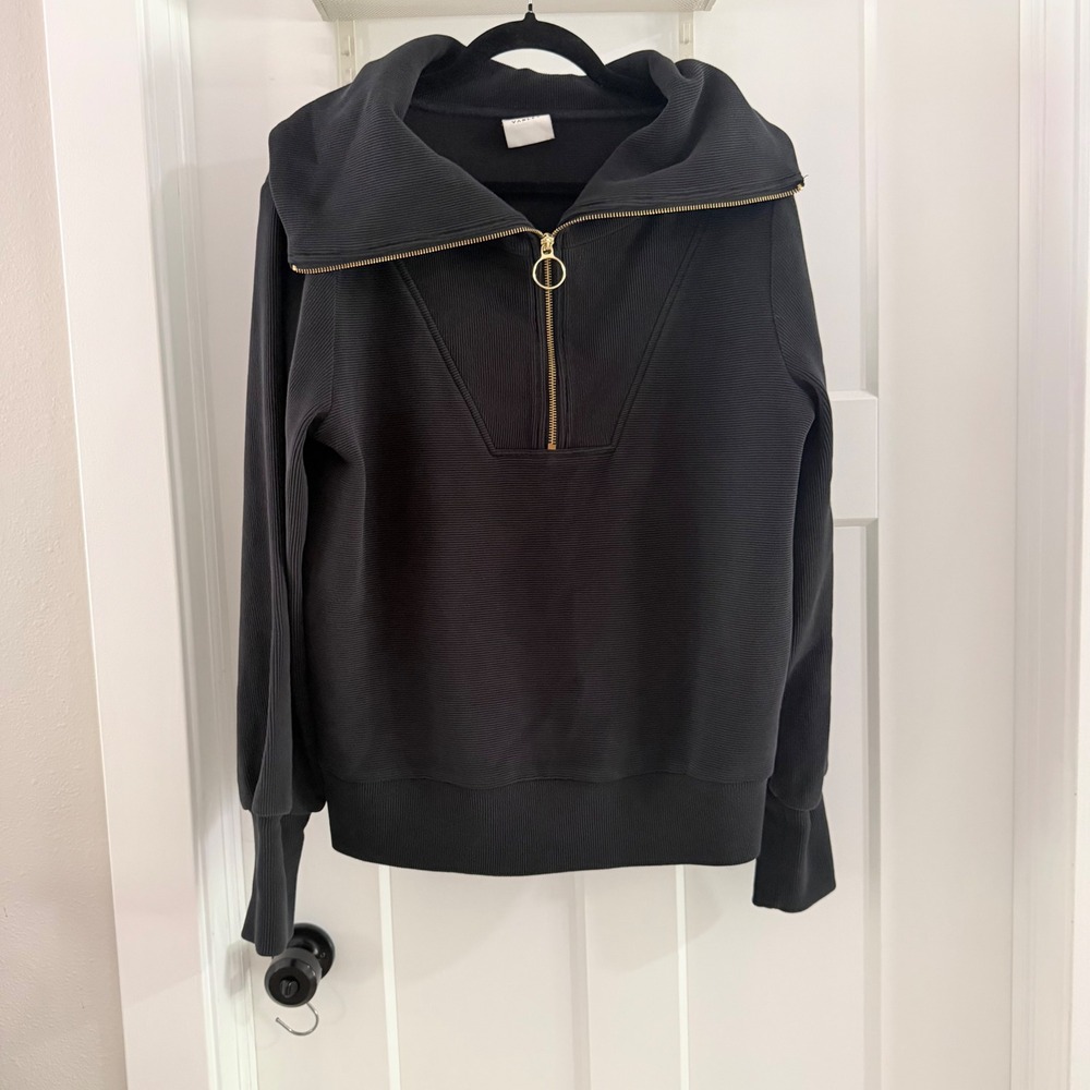 Varley Vine Half Zip Pullover Black Ribbed Oversized Collar S Comfy‎ Minimalist